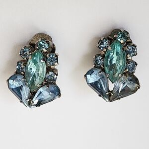 VTG Statement Clip On Earrings Lt Blue Teal Crystal Rhinestones Silvertone RARE